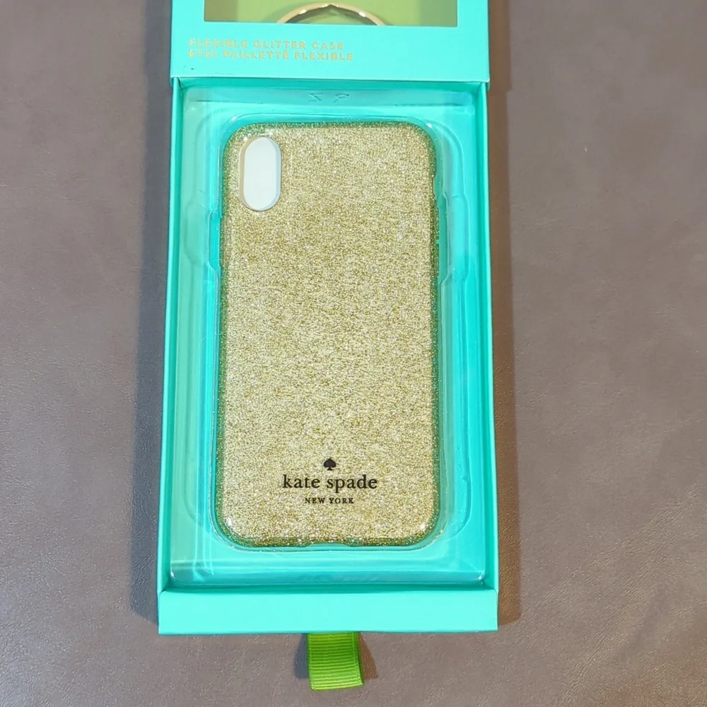 New Kate Spade iPhone X Case Flexible Glitter Gold NIB